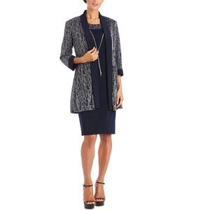 R&M Richards Navy / Silver Party , Cocktail , MOB Dress & Jacket Set, Size 6